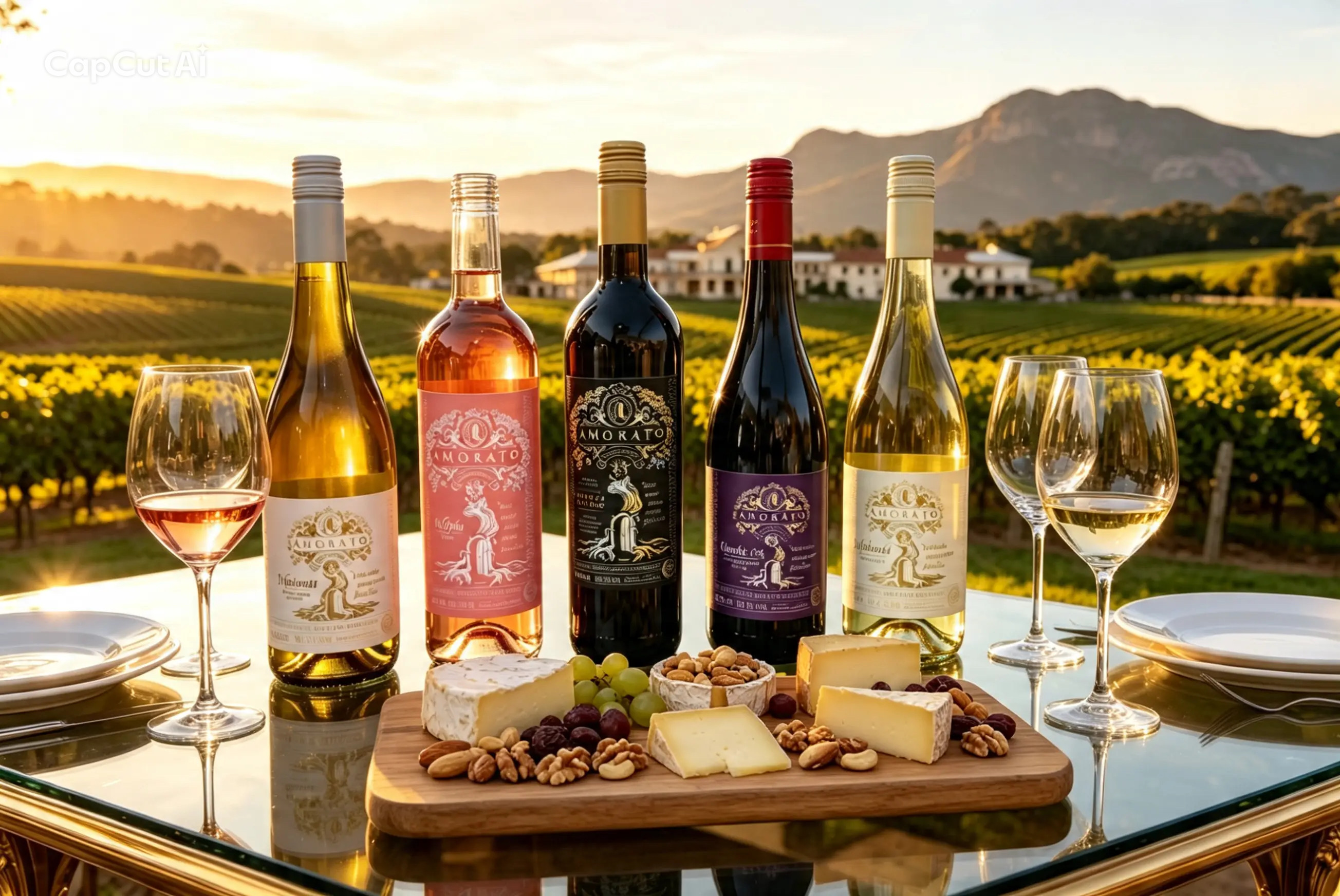 The Amorato range on a table with the Stellenbosch vineyard estate behind it